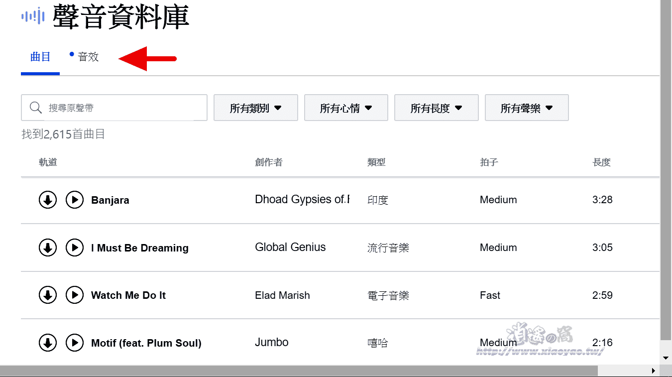 Facebook 聲音資料庫上千首音樂、音效素材