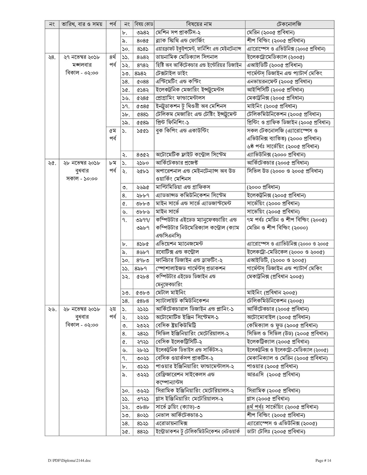 BTEB Diploma in Engineering 8th Semester irregular exams Routine 2018 bteb.gov.bd