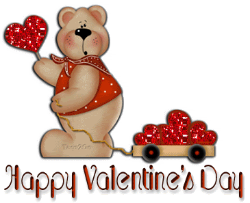 Brown teddy bear holding a sparkling heart and pulling a wagon full of hearts. "Happy Valentine's Day" in script.
