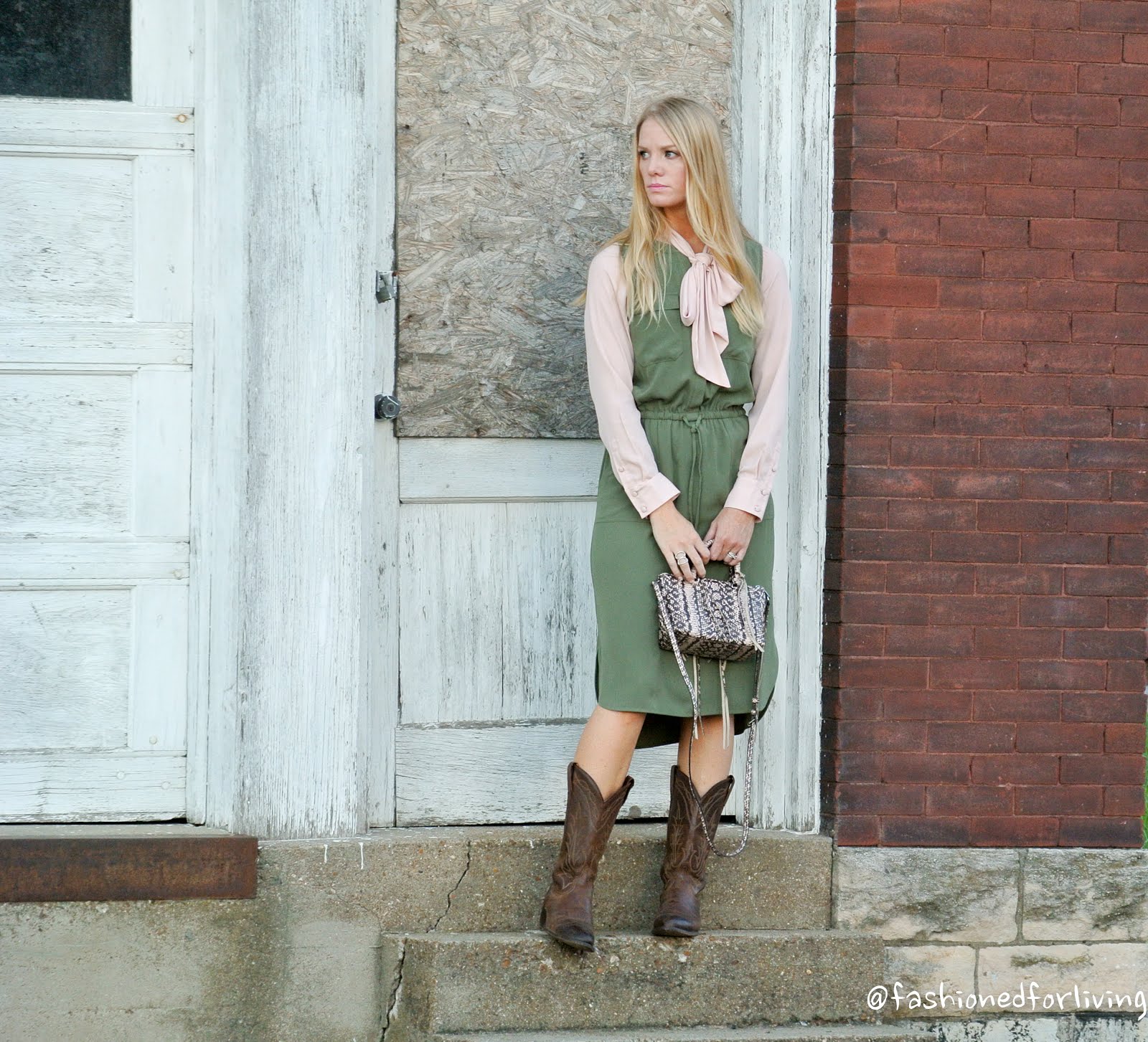 Fashioned For Living: dress outfit - olive dress and pink bow blouse with  cowboy boots