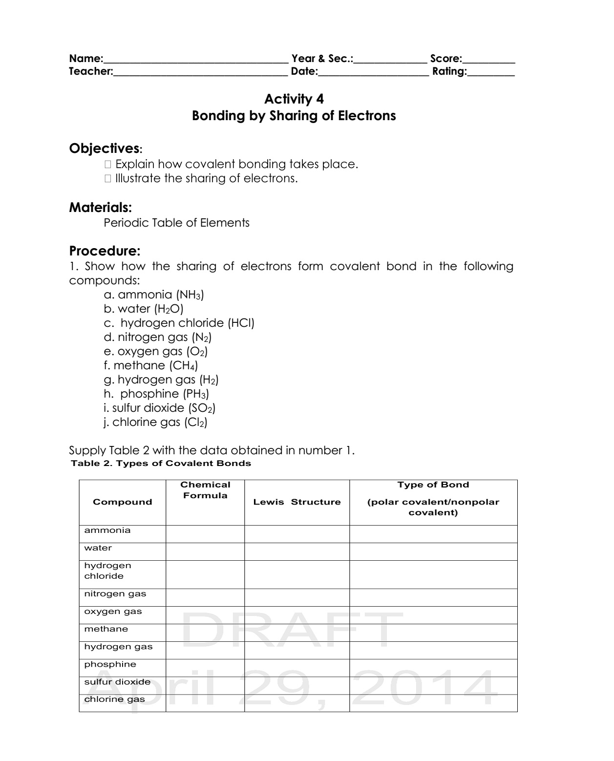 Science Concepts and Questions (K to 12): Chemical Bonding Activities