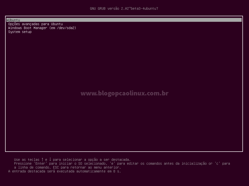 Tela do GRUB mostrando os sistemas operacionais instalados, no meu caso, o Ubuntu 17.10 e o Windows 10