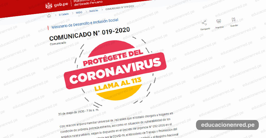 MIDIS: Comunicado Oficial Con relación al Bono Familiar Universal de S/ 760 (COMUNICADO N° 019-2020) MIDIS: Comunicado Oficial Con relación al Bono Familiar Universal de S/ 760 (COMUNICADO N° 019-2020)