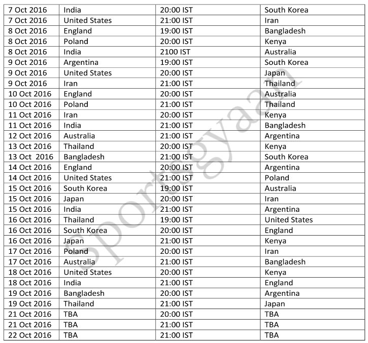 2016 Kabaddi World Cup Schedule