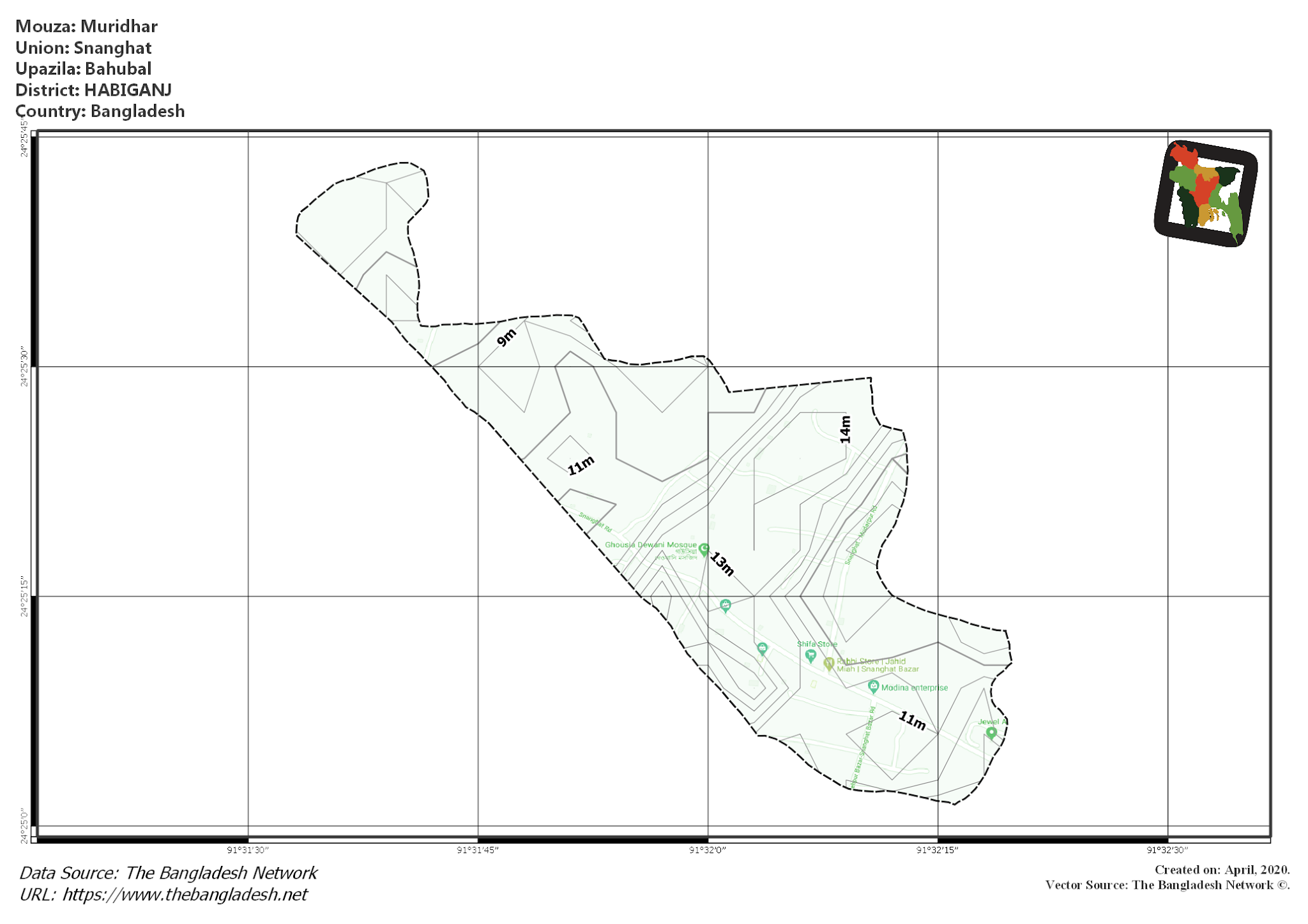 Map of Muridhar Mouza of Bahubal Upazila, HABIGANJ, Bangladesh.