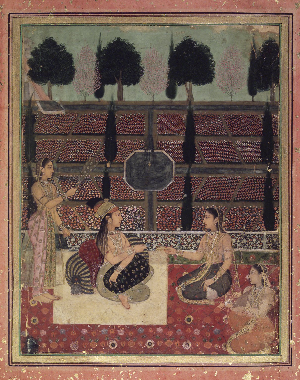 A Hindu lady and Three of her Attendants are on a Terrace - Mughal Painting Circa 1700-1710
