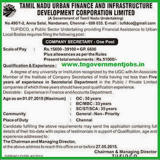 Urban Finance and Infrastructure Development Corporation Ltd (TUFIDCO) Company Secretary Recruitments (www.tngovernmentjobs.in)