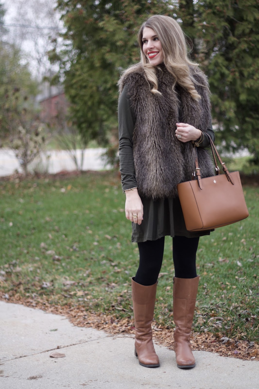 Olive Dress and Fur Vest & Confident Twosday Linkup - I do deClaire