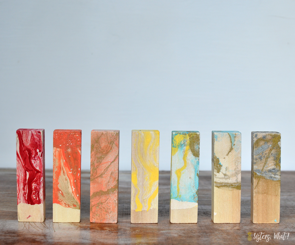 Upcycled Jenga Blocks Marbleized and Colorful! Sisters, What!