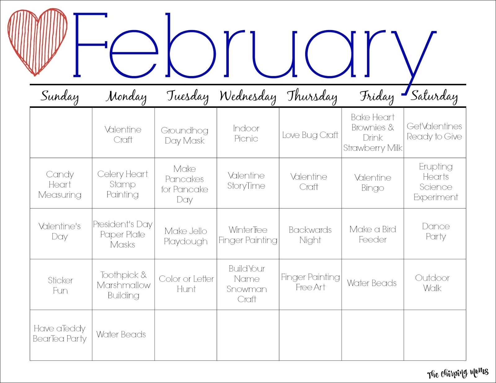 February Printable Activity Calendar for Kids The Chirping Moms