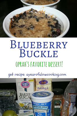 Moist and delicious blueberry buckle made in the crockpot slow cooker! You can either use individual ramekins or cook it all in one large round slow cooker. What a fun dessert!