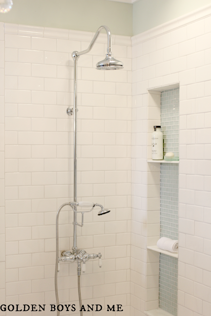 master bath white subway tile, glass tile shower niche, exposed shower - www.goldenboysandme.com