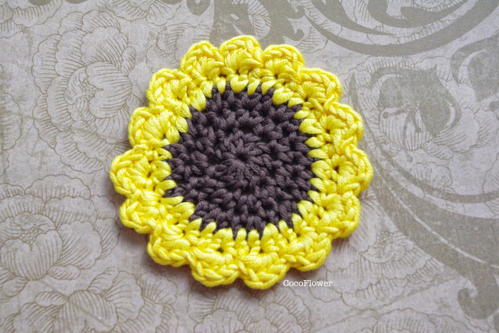 Fleur de tournesol applique crochet jaune marron - www.cocoflower.net