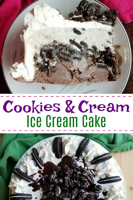 Cookies and cream ice cream cake is full of chocolate and vanilla ice cream, but the fudgy crunch center ribbon is the real star of the show. Kick up your feet and cool down with a slice!