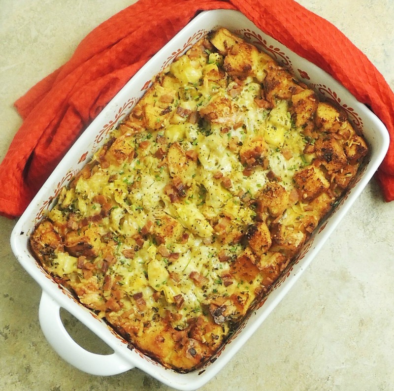 This Bacon, Leek, and Artichoke Bread Pudding recipe is perfect for breakfast, brunch, or as a holiday side dish! #bacon #artichoke #bread #Pudding #stuffing #dressing #thanksgiving #christmas #recipe | bobbiskozykitchen.com