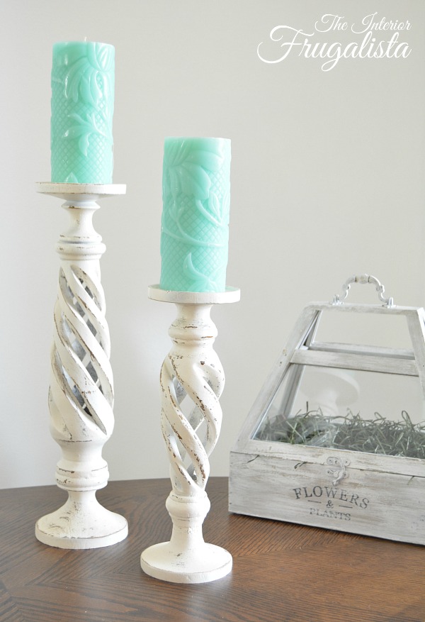 White painted wooden thrift store candleholders