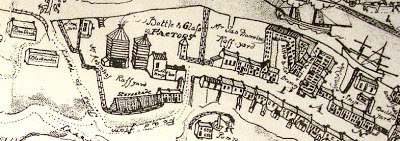 A sketch map of the banks of the river Wear showing various properties including a glassworks, Elstob's Brewery and a shipbuilding yard.