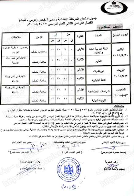 محافظة بنى سويف: جدول امتحانات الشهادة الاعداديه والابتدائيه محافظة بنى سويف: جدول امتحانات الشهادة الاعداديه والابتدائيه 2018 الترم الاول