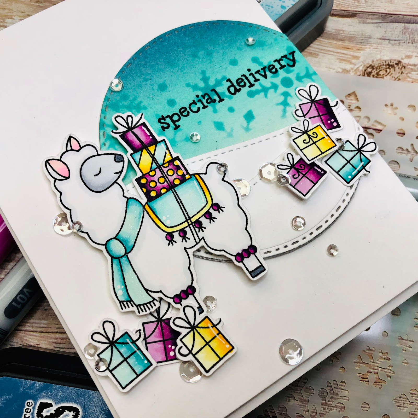 Special Delivery Card by November Guest Designer Kelli Cool | Llama Delivery Stamp Set and Snowfall Stencil by Newton's Nook Designs #newtonsnook #handmade