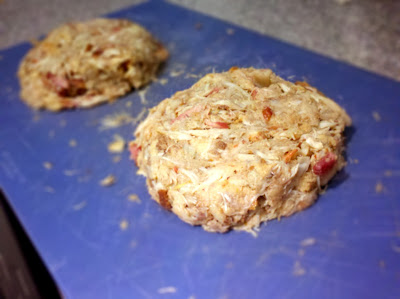 Bacon crab cakes, in process