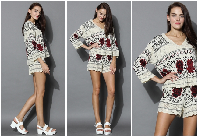 ChicWish, Rose Garden Knitted Top and Shorts Set in Beige, $59.90 USD Same or Not 宣娜:街拍、撞衫、玫瑰針織短褲