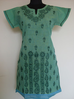 Lucknowi chikan Green colour kurta with short sleeves