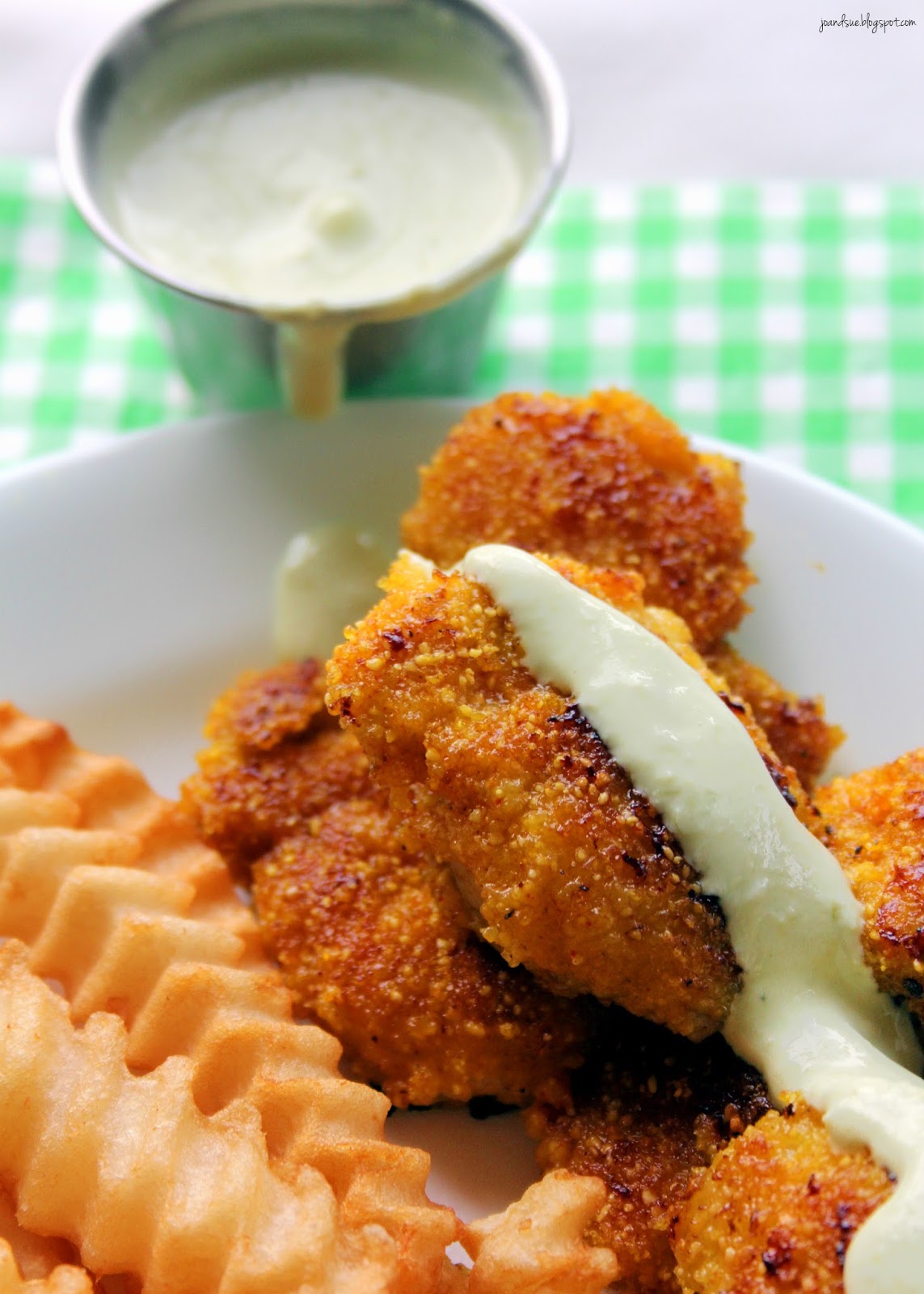 Jo and Sue Baked Chicken Nuggets With Wasabi Pea Sauce