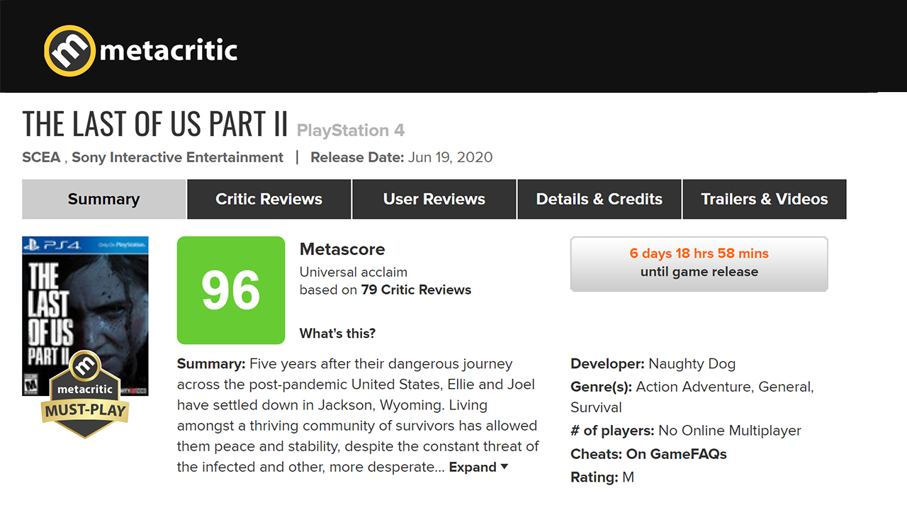 The Last of Us II é o melhor jogo já pontuado no Metacritic em 2020 e o  terceiro jogo do PS4 mais bem avaliado