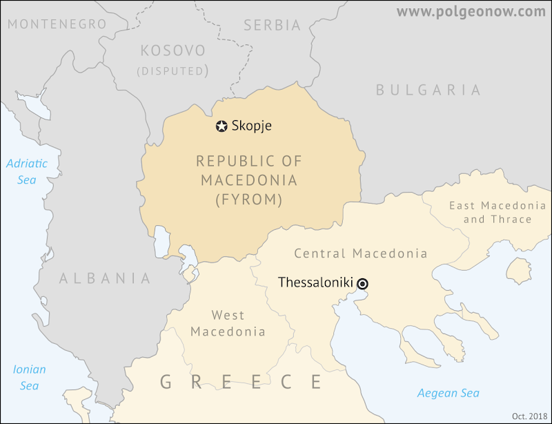 Are there two Macedonias? Where is FYROM located? Where is Macedonia in relation to Greece? Map of Macedonia, including both the controversially-named Republic of Macedonian (FYROM) and the Greek provinces of Macedonia.