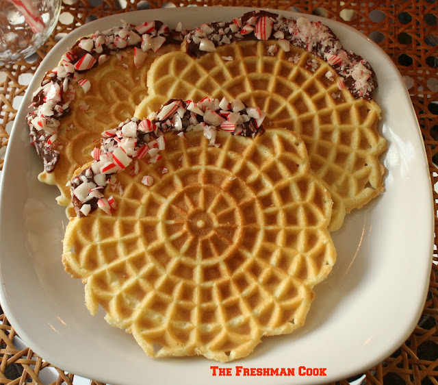 Holiday Pizzelles, chocolate, cookies, candy cane, holidays, Christmas