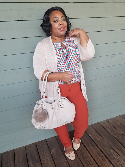 Plus-size blogger, nude cardigan, rust jeggings, nude laser cut flats, nude Vera Wang purse with furball accessory