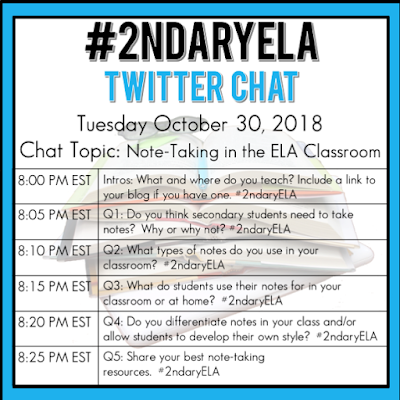 Join secondary English Language Arts teachers Tuesday evenings at 8 pm EST on Twitter. This week's chat will be about note-taking in the ELA classroom.