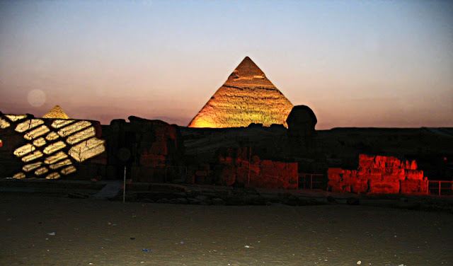 Khafre's pyramid lighted up at night