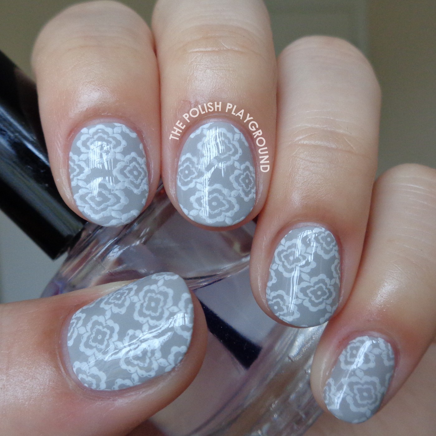 Light Grey and White Floral Wallpaper Stamping Nail Art