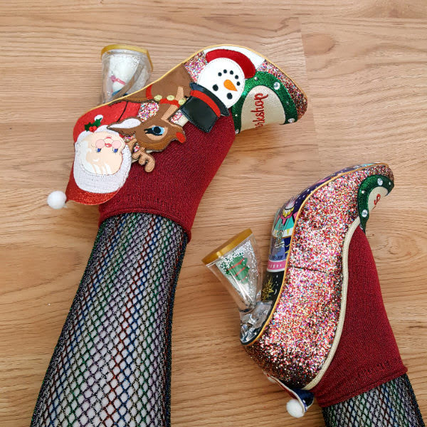 Irregular Choice Santas Helper fit advice wearing glitter shoes with festive theme, rainbow fishnet tights and sparkly socks
