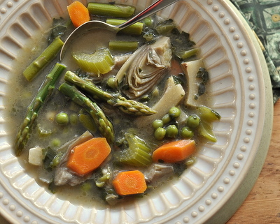 Spring Garden Vegetable Soup with Asparagus, Artichokes, Peas & Spinach, a bowlful of our favorite spring vegetables ♥ AVeggieVenture.com. Recipe includes tips, nutrition, WW points. Low Carb. Low Cal. Gluten Free.