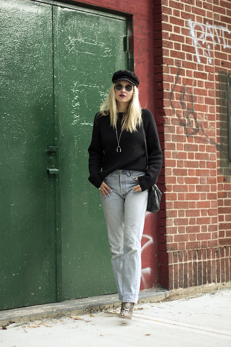 Heleneisfor - Everlane sweater, Levis vintage 501 button fly, Loeffler Randall Greer bootie, Brixton fiddler hat , Ray-Ban Lennon sunglasses, NARS LaPaz lipstick, VERAMEAT wishbone necklace, Static hard as stone nails