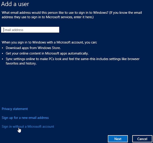 Windows 8, paramètres PC, Ajouter un utilisateur. Pour créer un nouvel utilisateur avec un compte Microsoft, entrez l'adresse e-mail. Ensuite, cliquez sur Suivant. Windows 8, paramètres PC, Ajouter un utilisateur. Pour créer un nouvel utilisateur avec un compte Microsoft, entrez l'adresse e-mail. Ensuite, cliquez sur Suivant.