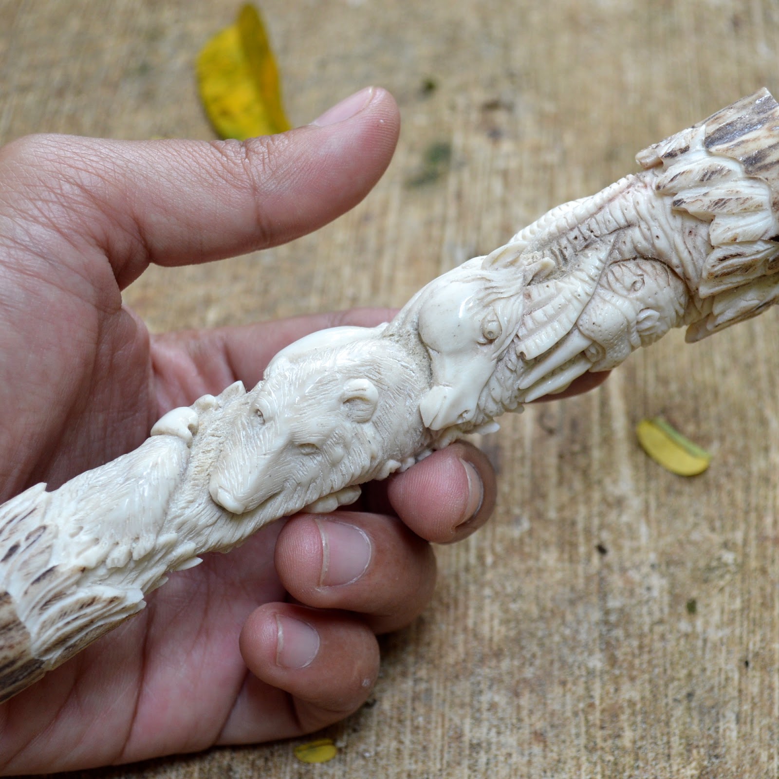 Carved Antler Knife Handle 6" Animals Amulet Carving Eagle Horse Bear