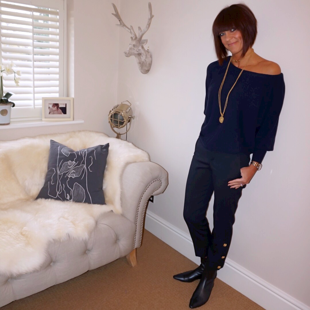 my midlife fashion, iris and ink off the shoulder cashmere jumper, zara gold button cigarette pants, zara kitten heel ankle boots