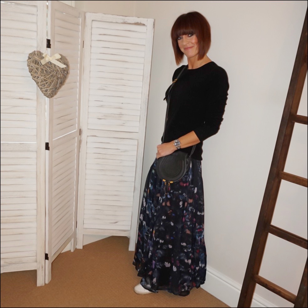 my midlife fashion, marks and spencer pure cashmere crew neck jumper, chloe small marcie cross body bag, lily and lionel floral maxi skirt, golden goose superstar low top leather trainers