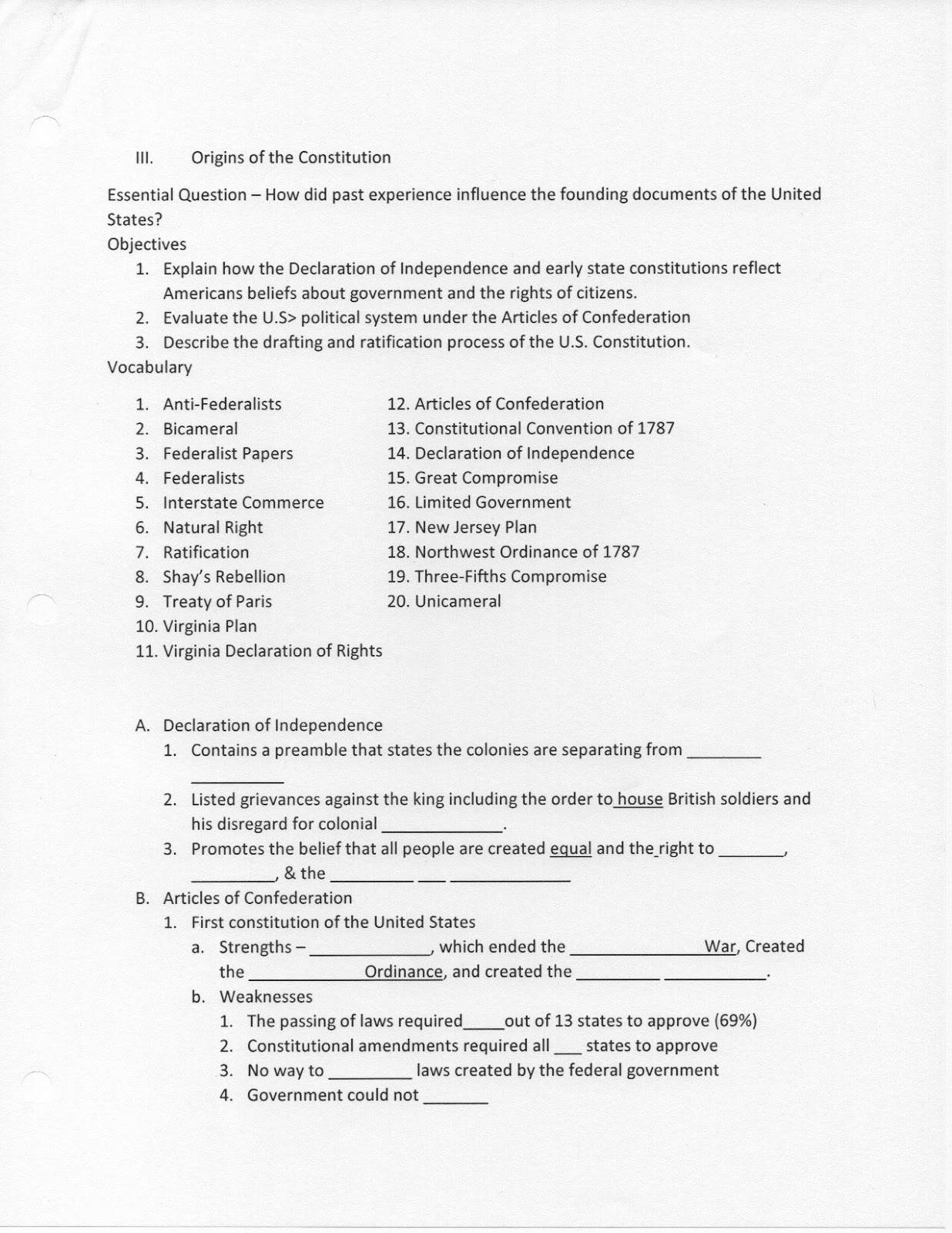 worksheet Declaration Of Independence Grievances Worksheet coach greens class u3 notes origins of the constitution constitution