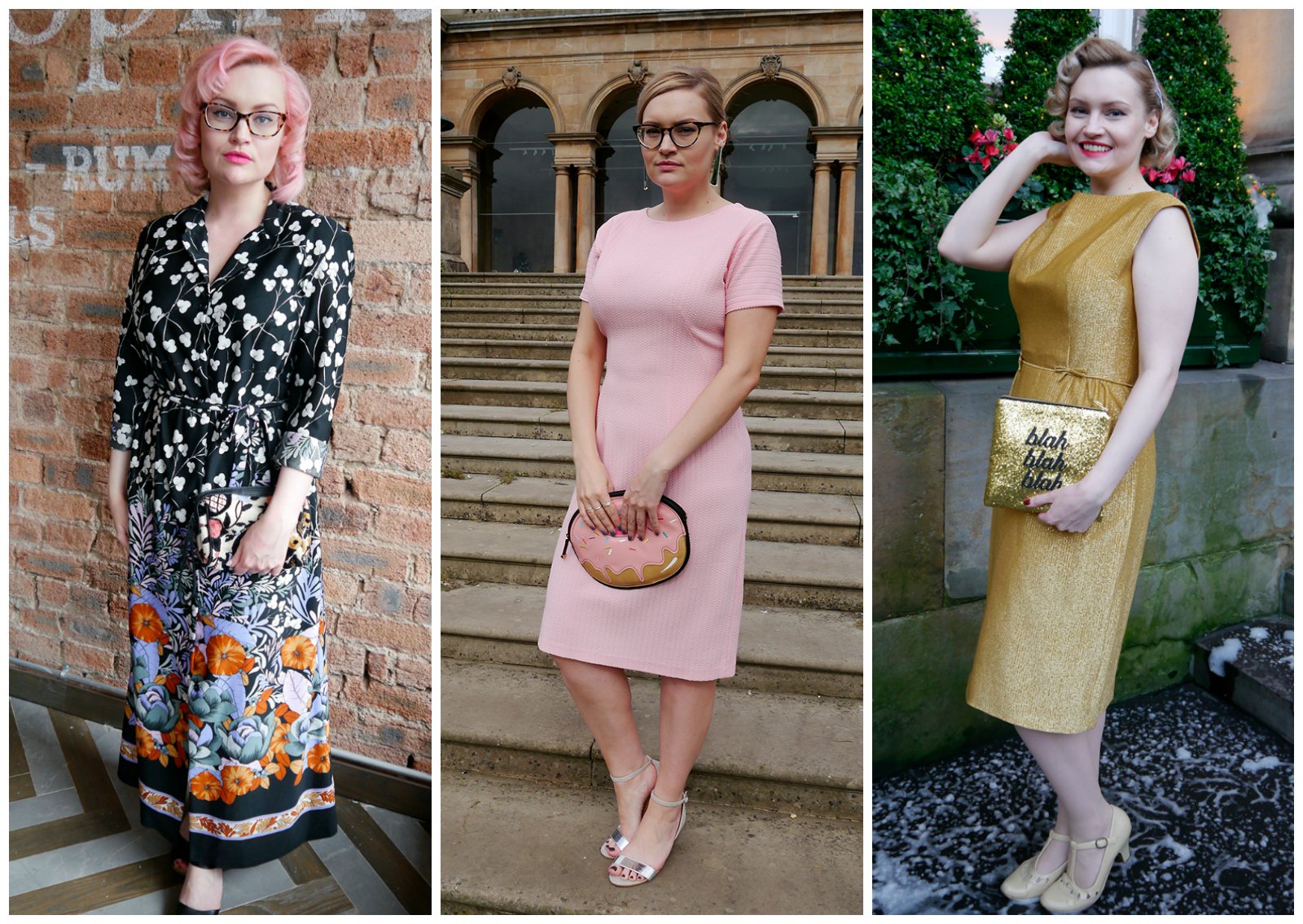 Kimberley's 2016 vintage party outfits outfit round up, 2016 blogger outfit, blogger style, wardrobe conversations, Scottish blogger, UK style blogger, Edinburgh blogger, Vintage style, vintage dresses, vintage maxi dress, classic powder pink dress, gold party dress, novelty bag, clutch bags, SoS15, glitter clutch bag, vintage hair style, pink hair