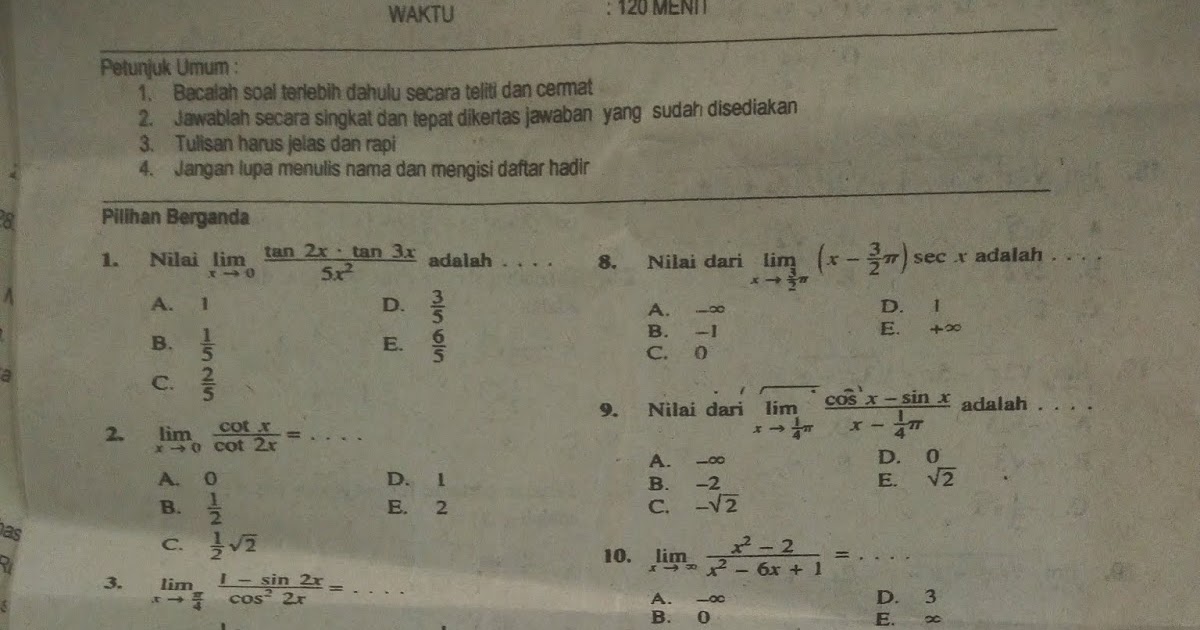 Contoh Latihan Soal Soal Matematika Kelas 12 Tahun 2019