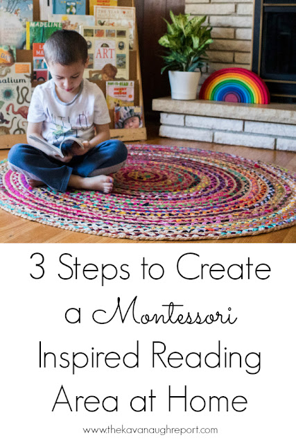 3 steps to create a Montessori inspired reading area at home. This post contains tips on how to create a reading friendly home for children.