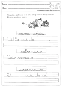 Complete as frases com uma das palavras do quadrinho. Depois, copie as frases