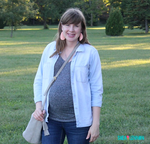 Fall transition outfit idea - chambray shirt worn as jacket with simple tee and sneakers | www.shealennon.com