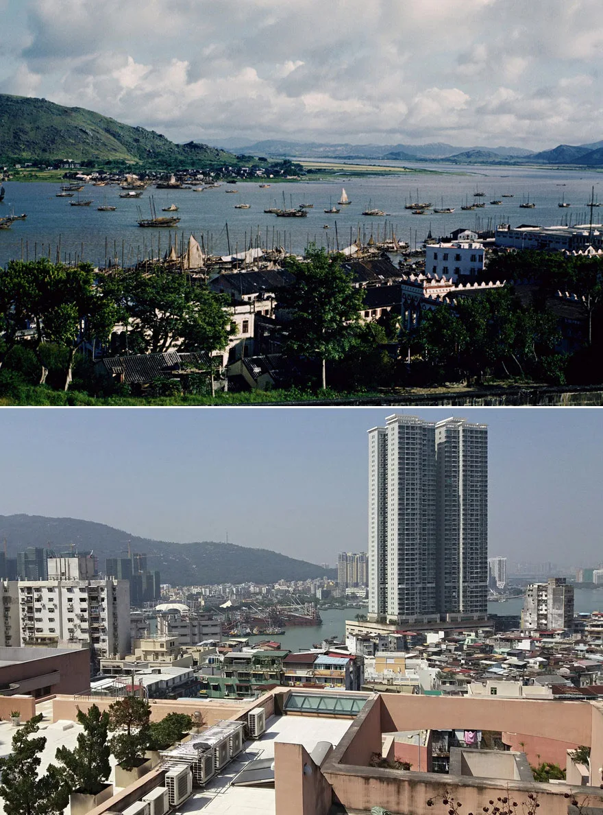 Macau’s coastline seen from Penha Hill in 1964 and 2016.