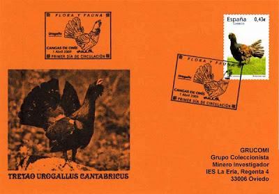Tarjeta del matasellos PDC del sello dedicado al Urogallo en Cangas de Onís.