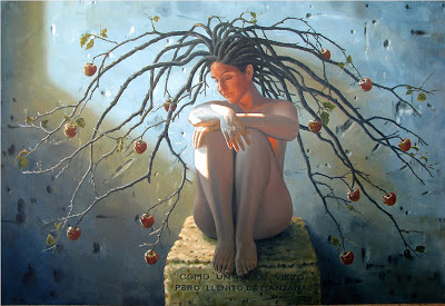 Pintura al oleo de mujer con manzanas